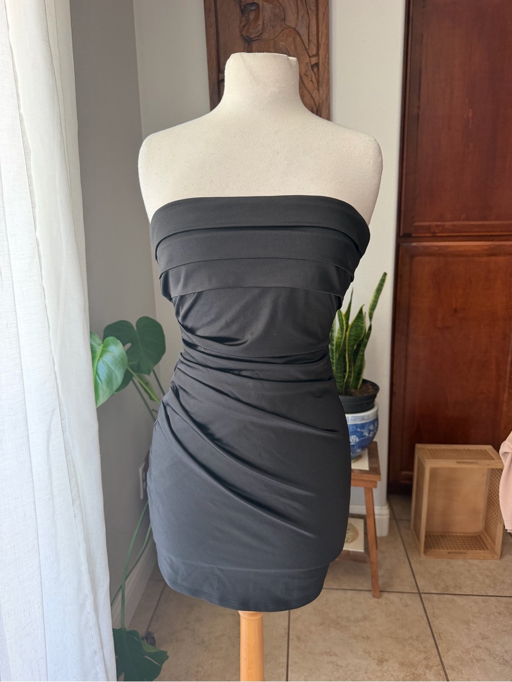 Lovely Day Strapless Black Ruched Bodycon Dress
